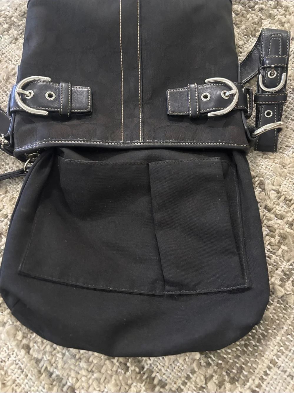 Coach‎ Black Signature Canvas Shoulder Hobo with Buckle Accents